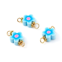 Light Sky Blue Handmade Polymer Clay Links Connectors, with Golden Brass Findings, Flower, Light Sky Blue, 9.5x18.5x4mm, Hole: 2~3mm