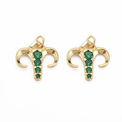 Green Brass Micro Pave Cubic Zirconia Pendants, Nickel Free, Golden, Aries, Green, 17.5x17.5x3mm, Hole: 3mm