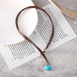 Сиена Овальный сплав и синтетическая бирюза подвеска искусственный кожаный шнур двухслойные лариаты ожерелья, цвет охры, 30.71 дюйм (78 см)