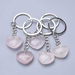 Rose Quartz Natural Rose Quartz Keychain, with Iron Findings, Heart, 80mm