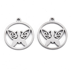 Stainless Steel Color Non-Tarnish 304 Stainless Steel Pendants, Ring with Butterfly, Stainless Steel Color, 19x17x1mm, Hole: 1.6mm