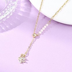 Swan Adjustable Brass Cable Chain & Paperclip Chain Lariat Necklaces, Brass Micro Pave Clear Cubic Zirconia Tassel Necklaces with Potato Natural Pearl Beads, White, Swan, 17.56 inch(44.6cm), Pendant: 12x9.5x3mm