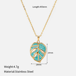 Sky Blue 304 Stainless Steel Enamel Hollow Leaf Pendant Necklaces for Women, Golden, Sky Blue, 17.91 inch(45.5cm)
