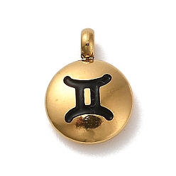 Близнецы 304 подвески из нержавеющей стали с черной эмалью, золотые, плоский круглый с подвеской в виде созвездия, Близнецы, 11x8x2.5 мм, отверстие : 1.8 мм