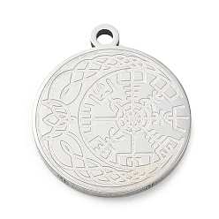 Autres Pendentifs en acier inoxydable, charmes rondes plates, couleur inox, boussole viking, 201mm, Trou: 24.5x21.5x2mm