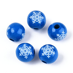 Озёрно--синий Рождественские деревянные бусины сима, окрашенные распылением, круглый с рисунком снежинки, печатные бисера, Плут синий, 15.5~16x15 мм, отверстие : 4~5 мм