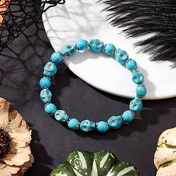 Темно-бирюзовый Браслеты из искусственной бирюзы с черепом и круглыми бусинами, окрашенные в стиле Хэллоуина, для мужчин и женщин, темные бирюзовый, внутренний диаметр: 2-3/8 дюйм (5.9 см)