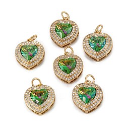 Зеленый лайм Латунные микро проложить кубического циркония подвески, сердце, реальный 18 k позолоченный, зеленый лайм, 16.5x14x6 мм, отверстие : 3.4 мм, Перейти кольцо: 5x0.8 мм
