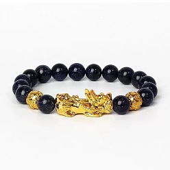 Blue Goldstone Golden Plated Alloy Pi Xiu 8MM Synthetic Blue Goldstone Round Beaded Stretch Bracelet for Men, 7.09 inch(18cm)~8.27 inch(21cm)