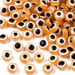 Orange Resin Beads, Flat Round, Evil Eye, Orange, 7.5~8x5~6mm, Hole: 1.8~2mm