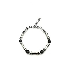 Silver Sheen Obsidian 304 Браслеты из нержавеющей стали, бамбука и круглых бусин из натурального серебристого обсидиана для мужчин, цвет нержавеющей стали, 6.69 дюйм (17 см)