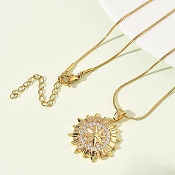 Другие 304 ожерелья с подвесками из нержавеющей стали с микропаве из прозрачных кубических цирконий для женщин, золотые, компас, 16.61 дюйм (42.2 см), Кулон : 24x23.5 мм