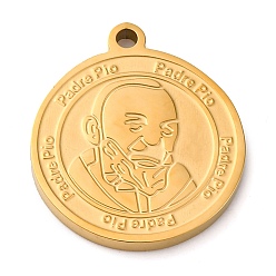 Золотой 304 подвески из нержавеющей стали, плоский круг с подвеской падре пио, ионное покрытие (ip), золотые, 21x18x2 мм, отверстие : 1.6 мм