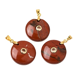 Red Jasper Natural Red Jasper Pendants, Coin Charms with Brass Pave Cubic Zirconia Findings, Golden, 27x21x5mm, Hole: 4x3.5mm