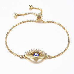Золотой Регулируемые латунные браслеты-слайдеры из циркония, Боло браслеты, с эмалью, злые глаза, золотые, 10-5/8 дюйм (270 мм), 1.2 мм