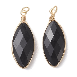 Черный Стеклянные подвески, очарование лошадиного глаза, с медной проволокой и 304 соединительным кольцом из нержавеющей стали, граненые, чёрные, 33x13x8.5 мм, отверстие : 3.5 мм