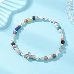 Смешанные камни Браслеты из натуральных смешанных драгоценных камней с бусинами для женщин, крестик, внутренний диаметр: 2.17 дюйм (5.5 см)