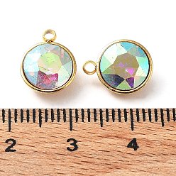 Colorful Golden 304 Stainless Steel Charms, with Glass Findings, Faceted Flat Round, Colorful, 11.5x9.5x5mm, Hole: 1.4mm