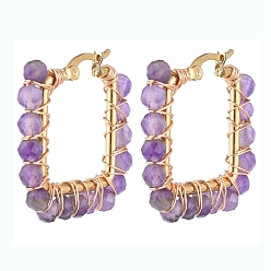 Аметист Серьги из 201 нержавеющей стали, серьги-кольца с бусинами, с природными аметист бисера, прямоугольные, золотые, 28.5x31x4 мм, штифты : 1x0.6 мм