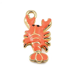Coral Brass Enamel Pendants, Lobster Charms, Rack Plating, Long-Lasting Plated, Cadmium Free & Lead Free, Real 18K Gold Plated, Coral, 21x10x3mm, Hole: 1.6mm