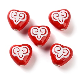 Красный Печатные ручной фарфоровые бусы, сердце с символами, красные, 16~16.5x16.5~17.5x9~9.5 мм, отверстие : 1.8~2 мм