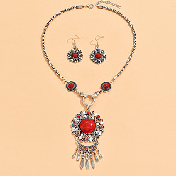 Красный Комплект из ожерелья и сережек с подвеской из цинкового сплава и смолы в этническом стиле с цветочным бохо-стилем, красные, 555 мм