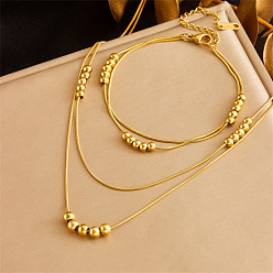 Золотой 304 Наборы браслетов и ожерелий из нержавеющей стали с двойным слоем круглых бусин для женщин, золотые, 375 мм