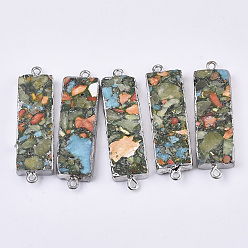Light Green Synthetic Regalite Links connectors, with Edge Platinum Plated and Iron Loop, Rectangle, Light Green, 44~46x13x5.5mm, Hole: 1.6mm