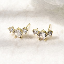 Настоящее золото 18K Плоские круглые серьги-гвоздики из латуни с микропаве и прозрачным фианитом, без кадмия и без свинца, долговечный, стойки покрытие, реальный 18 k позолоченный, 7x14 мм