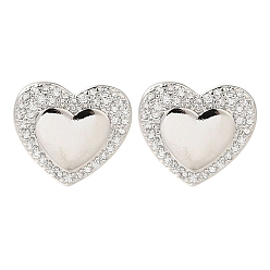 Платина Серьги-гвоздики с прозрачным паве из латуни с кубическим цирконием, сердце, платина, 11.5x13 мм