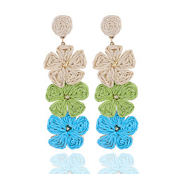 Синий Серьги-гвоздики из рафии с цветком из латуни, синие, 90x30 мм