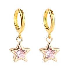 Lilac Golden Brass Huggie Hoop Earring, with Brass Micro Cubic Zirconia Pendant, Star, Lilac, 29mm, Pin: 0.9mm, Star: 14~14.5x11x5mm 
