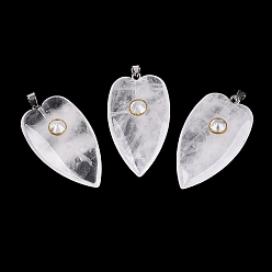 Cristal de cuarzo Colgantes de cristal de roca de cristal de cuarzo natural, encantos del corazón, con engastes de acero inoxidable a presión que engastan circonitas cúbicas transparentes, acero color oro y acero, 304 mm, agujero: 41~42x23x9~10 mm
