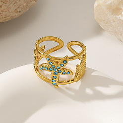 Étoiles de mer 304 Bagues ouvertes en acier inoxydable avec micro pavé de zircones cubiques, or, étoiles de mer, 17mm