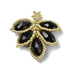 Черный Плетеные подвески из стеклянных бусин, лист, чёрные, 35.5x35.5x7.5 мм, отверстие : 1.5 мм