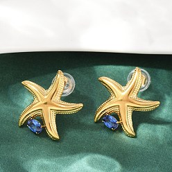 Настоящее золото 18K Морская звезда 304 серьги-гвоздики из нержавеющей стали с паве из кубического циркония, реальный 18 k позолоченный, 24x24 мм
