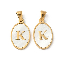 Letter K Натуральный ракушечный овал с инициалами, с 304 установками из нержавеющей стали, ионное покрытие (ip), реальный 18 k позолоченный, белые, Письмо K, 21x13x2 мм, отверстие : 3.5x5 мм