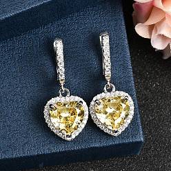 Сердце 925 Серьги-кольца из стерлингового серебра с микропаве и кубическими циркониями, Реальная платина, сердце, 31x13.5 мм