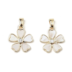 Real 18K Gold Plated Brass Pave Shell Pendants, Flower Charms with Clear Glass, Real 18K Gold Plated, 15.5x13.5x1.5mm, Hole: 3mm