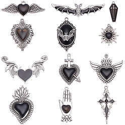 Antique Silver & Platinum 12Pcs 12 Styles Gothic Style Zinc Alloy Enamel Pendants, Mixed Shapes, Antique Silver & Platinum, 11.5~48x11~64.5x2~4mm, Hole: 1~2mm, 1pc/style