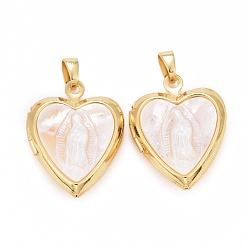 Real 18K Gold Plated Natural Shell Pendants, with Rack Plating Brass Findings, Cadmium Free & Lead Free & Nickle Free, Seashell Color, Heart with Virgin Mary, Real 18K Gold Plated, 21x17x6mm, Hole: 5.5x2.7mm
