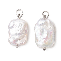 Нержавеющая Сталь Цвет Подвески из натурального барочного жемчуга кеши, Прямоугольные подвески с фурнитурой из нержавеющей стали., белые, цвет нержавеющей стали, 304 мм, Перейти кольцо: 23x13~13.5x4~5 мм, внутренний диаметр: 5x0.8 мм