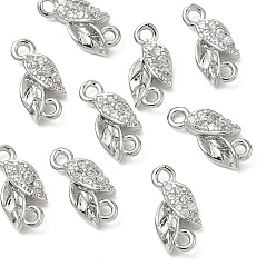 Platinum SHEGRACE Brass Micro Pave Clear Cubic Zirconia Connector Charms, Leaf Links, Lead Free & Cadmium Free, Rack Plating, Long-Lasting Plated, Platinum, 11x5.5x2.5mm, Hole: 1.2mm