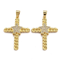 Real 18K Gold Plated Brass Micro Pave Clear Cubic Zirconia Pendants, Long-Lasting Plated, Cross, Real 18K Gold Plated, 35.5x26x2mm, Hole: 2.5x4.5mm
