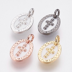 Mixed Color Brass Enamel Charms, Lead Free & Cadmium Free, Oval with Cross, Mixed Color, 12x9x2mm, Hole: 2.8mm