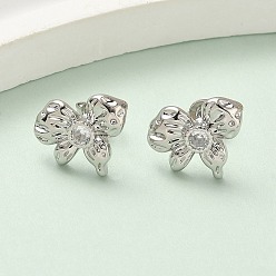 Платина Серьги-гвоздики с бантом из латуни с микропаве из прозрачных кубических цирконий, стойки покрытие, долговечный, без кадмия и без свинца, платина, 12.5x13.5 мм