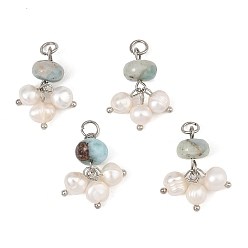 Platinum Natural Larimar & Natural Cultured Freshwater Pearl Pendants, Rondelle Tassel Charms, Platinum, 22x16.5x8.5mm, Hole: 3.5mm