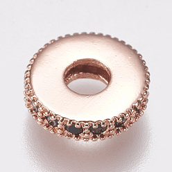 Rose Gold Brass Micro Pave Cubic Zirconia Bead Spacers, Flat Round, Black, Rose Gold, 8x2mm, Hole: 3mm