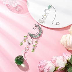 Платина Стекло каплевидное окно висит ловцы солнца, латунное звено «солнце и луна» и бусины из натурального зеленого авантюрина для декора на открытом воздухе и в саду, платина, 370 мм