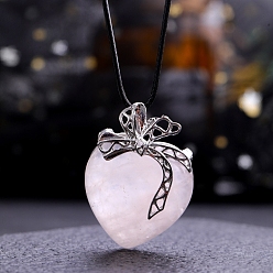 Rose Quartz Natural Rose Quartz Pendants, Heart Charms with Platinum Plated Metal Bowknot, 40x30mm